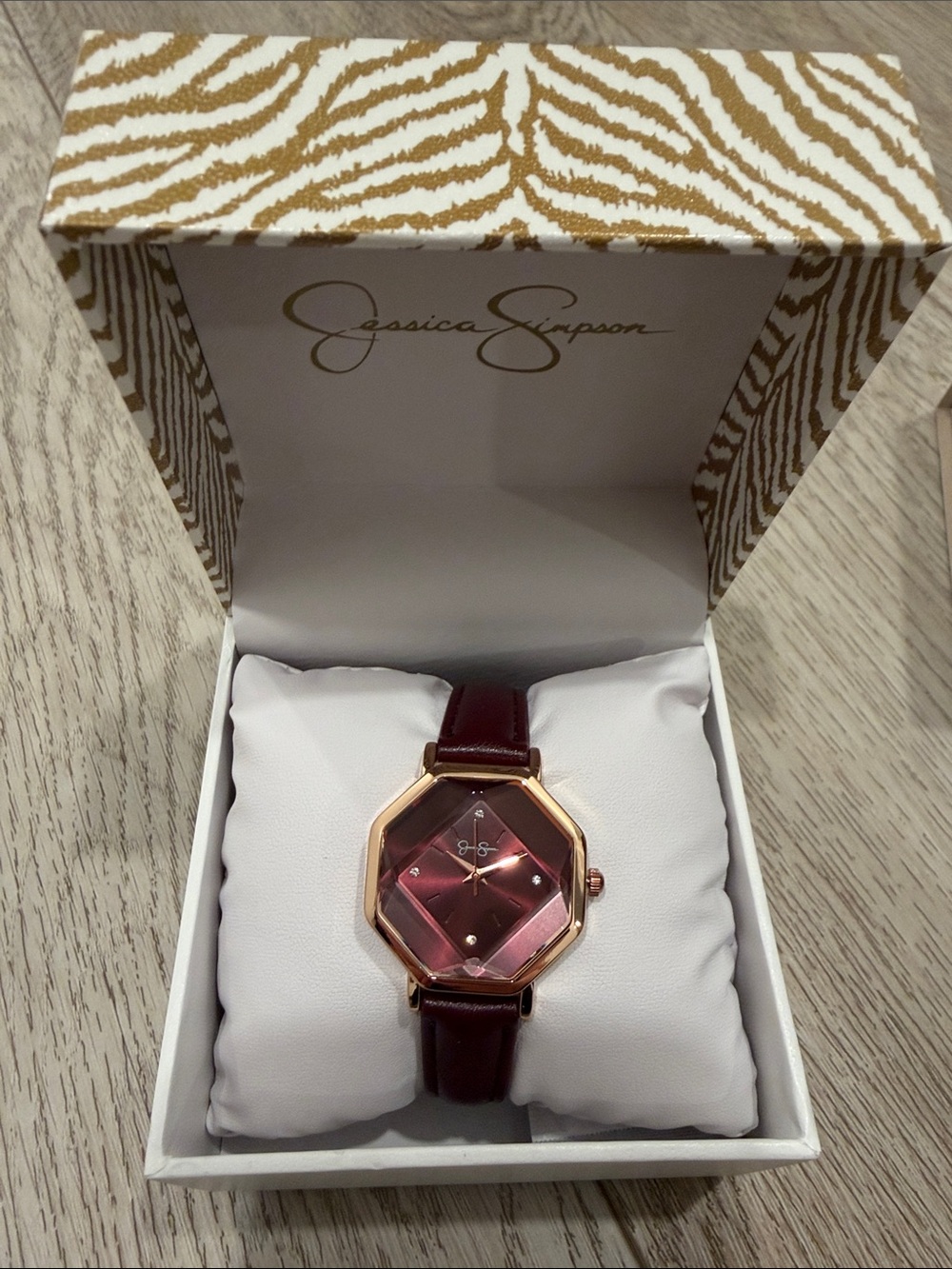 Jessica Simpson Rose Gold Octagon Dial Burgundy Leather Watch